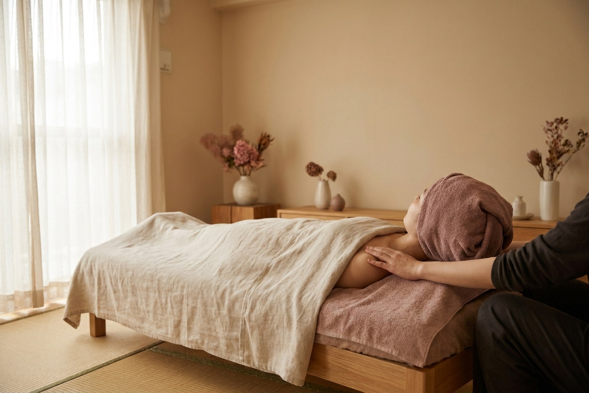 畳の部屋で横になり、肩まわりのトリートメントを受けるイメージ写真